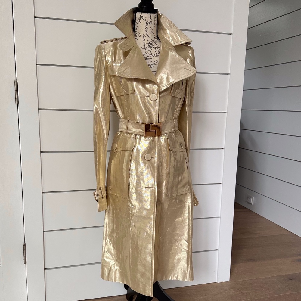Vintage 🧥 Rare L.A.M.B. Gwen Stefani GOLD Metallic Trench Coat GLAM ROCK Runway